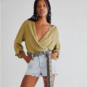 Free People We The Free Night Dreams Gauze Wrap Top in Cool Moss Size Small